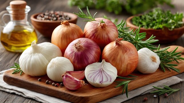 Fresh onions and garlic on a wooden board - Powered by Adobe