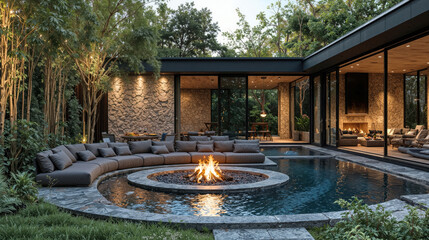 Modern luxury outdoor living space with circular pool integrated fire pit curved sofa and open-plan stone house for architectural design and lifestyle themes