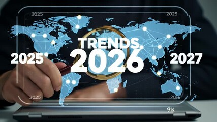 Hands Holding Magnifying Glass Analyzing Global Trends Forecast Displayed On Laptop Screen with Blue World Map and Technological Connections - Powered by Adobe