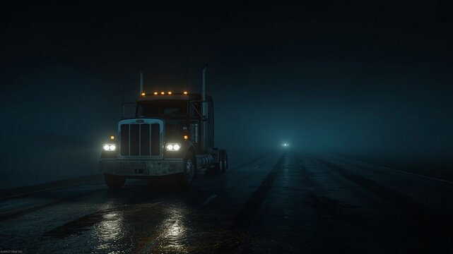 Tractor trailer navigates a dark highway in dense fog during the night, headlights piercing through the heavy mist for safety.