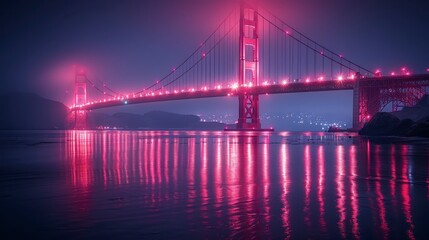 Obraz premium Bridge illuminated with pink lights reflected in water under a night sky with fog