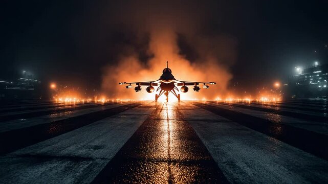 Night Flight: An F-16 Fighter Jet Poised for Takeoff on a Runway with Intense Afterburner Flames