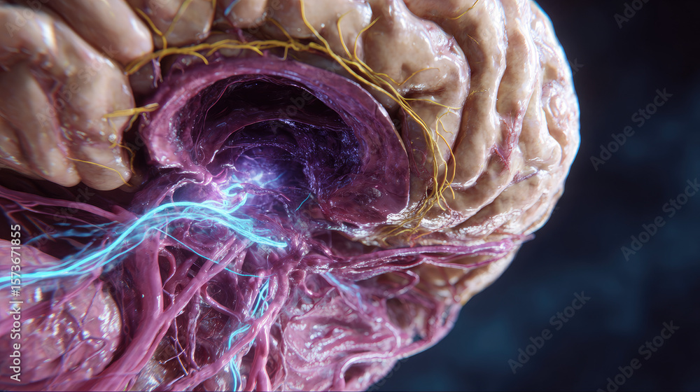 Poster overactive bladder in pelvic floor concept. detailed close-up of brain structure showcasing neural a