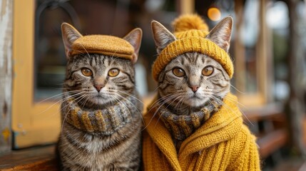 Two tabby cats dressed in knitted yellow hats and scarves stare forward