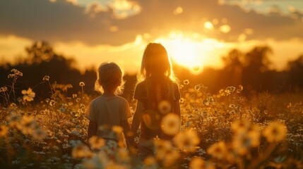 Two children walking in a flower field toward sunset. Backlit. Warm tones