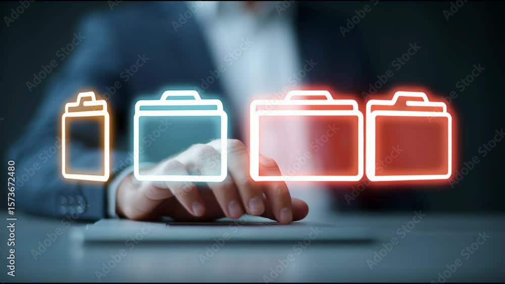 Poster a person is pointing at three folders on a computer screen
