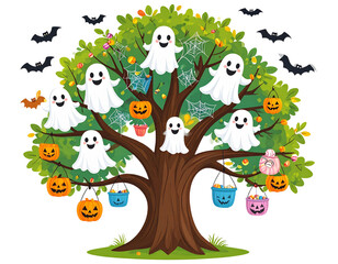 Cartoon Halloween Tree with Ghosts, Spiderwebs, and Candy Buckets Hanging from Branches, Playful Style, Isolated”