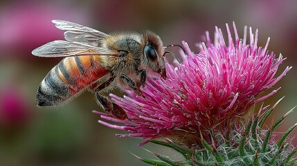 Close-up of a honeybee on a vibrant pink thistle flower.