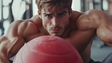 Muscular man holding exercise ball in gym