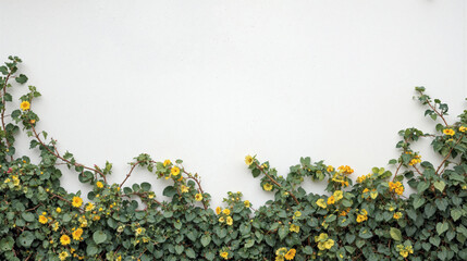 Yellow blooming flowers and green vine leaves growing along the bottom of a clean white wall background for natural border or design element