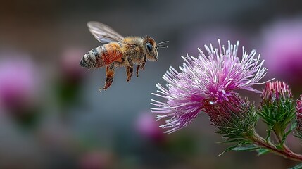 Honeybee in flight near a vibrant flower.