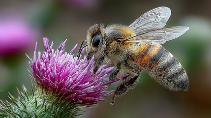 Honeybee on a thistle flower.
