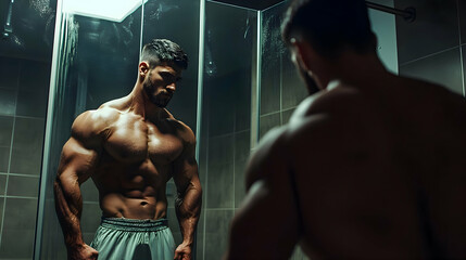 Bodybuilder examining physique in locker room