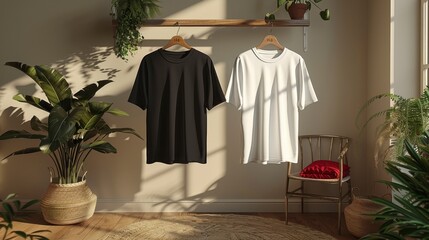 Two tees hang. Green plants fill sunlit room, chair with pillow nearby
