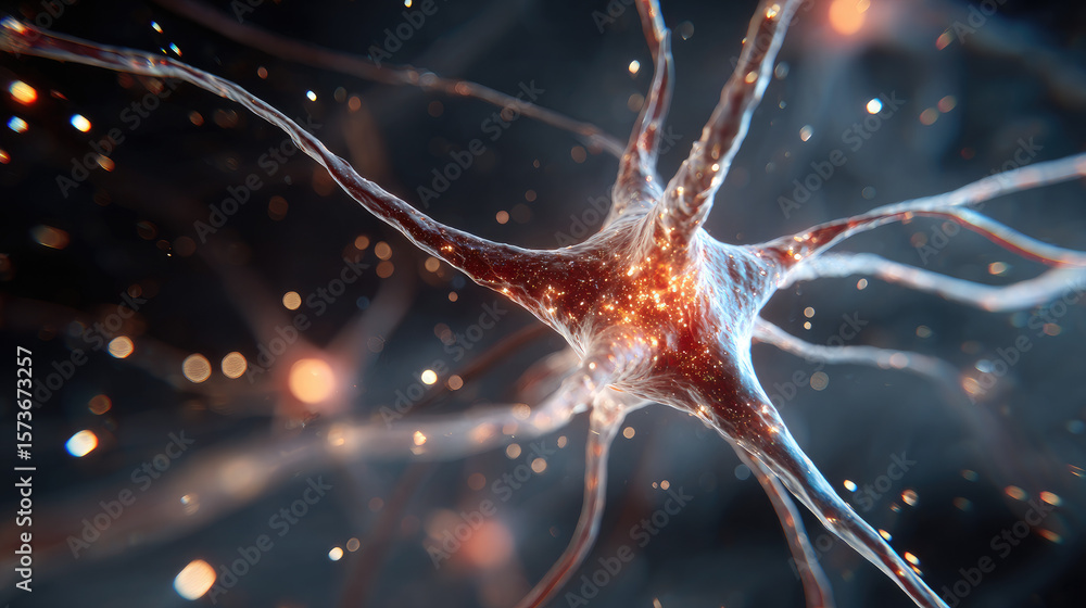 Poster disc bulge and nerve compression concept. intricate visualization of a neuron with glowing synapses.