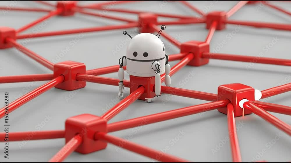 Poster robotic system positioned before network of red arrows illustrating business links and connectivity 
