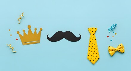 Festive Father's Day decorations on a light blue surface featuring a crown, mustache, polka dot tie, bow tie, streamers, and confetti.