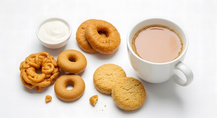 Indian Sweets and Tea: Jalebi, Donuts, Cookies, and Chai on White Background