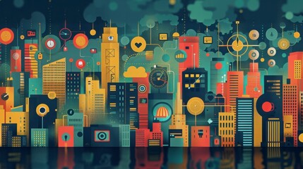 Colorful city illustration with interconnected icons and reflective surface