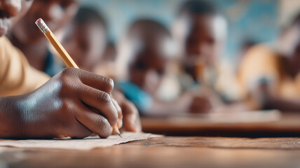 Obraz premium Empowering Education Scene Highlighting a Young African Student Diligently Writing to Shape a Brighter Future. 