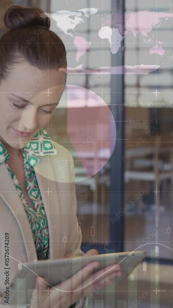 Aufkleber animation of data processing and diagrams over caucasian businesswoman using tablet