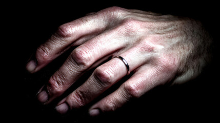 Fototapeta premium Sweaty Hand With Ring Shows Detail Skin Texture in Dramatic Lighting