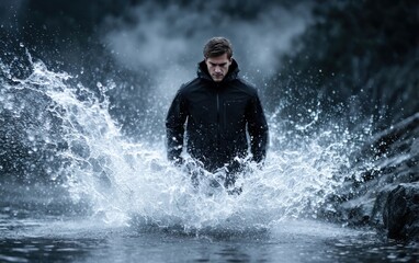 Fototapeta premium Man in black jacket wading through water splashes