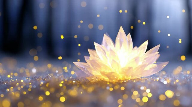 Glowing Lotus: A ethereal lotus flower glows with inner light amidst a flurry of bokeh particles in a visually stunning fantasy illustration.