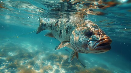 Fish swims close in clear, shallow water, sandy bottom visible