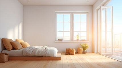 Fototapeta premium a minimalist bedroom with a bed and window, bathed in sunlight, creating a serene atmosphere. The room's simple decor and natural light enhance its calming appeal