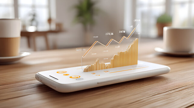 A smart phone is on a wooden table shows an upward trending graph with the coffee cup beside it