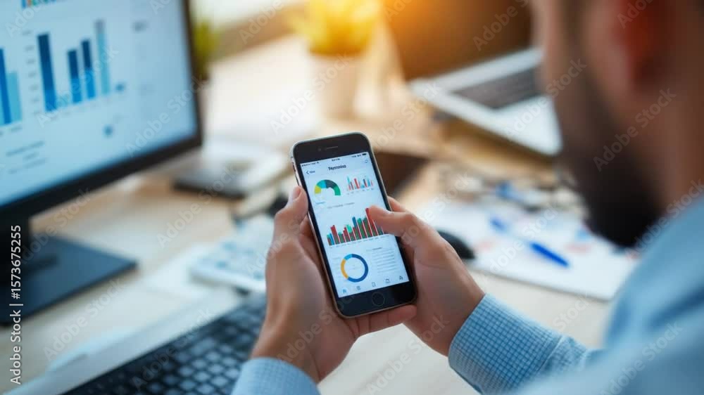 Poster analyzing data on smartphone and computer screens for investment and business strategy