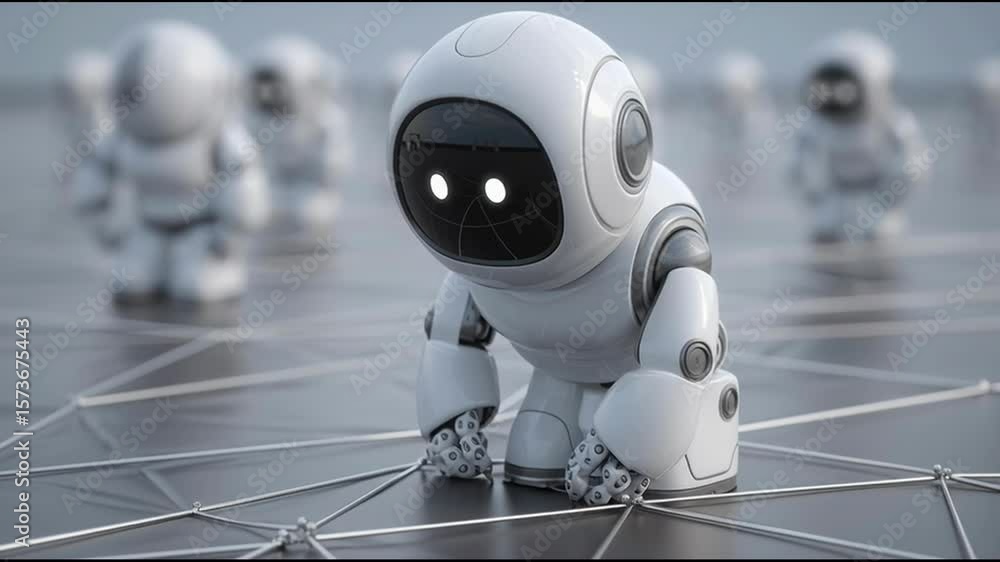 Poster robot sitting on floor representing innovation and strategy development in the context of artificial