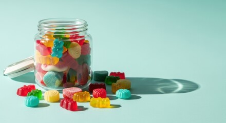 A Glass Jar Overflowing with Colorful Assorted Gummy Candies Scattered Around the Base
