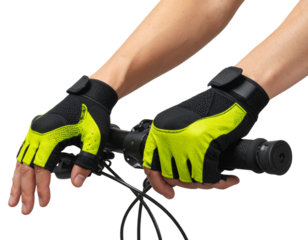 Cycling Gloves Worn on Hands Holding Handlebars, Action View, Isolated on Transparent Background”