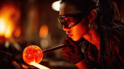 Female glass artist blowing molten glass globe on blowpipe