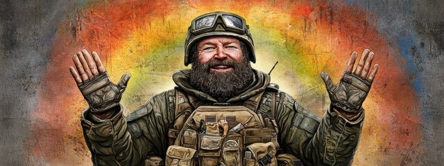 Joyful Bearded Soldier in Tactical Gear Against Vibrant Rainbow Explosion