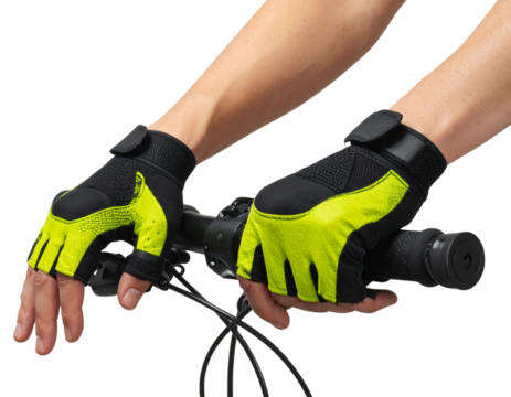 Cycling Gloves Worn on Hands Holding Handlebars, Action View, Isolated on Transparent Background”