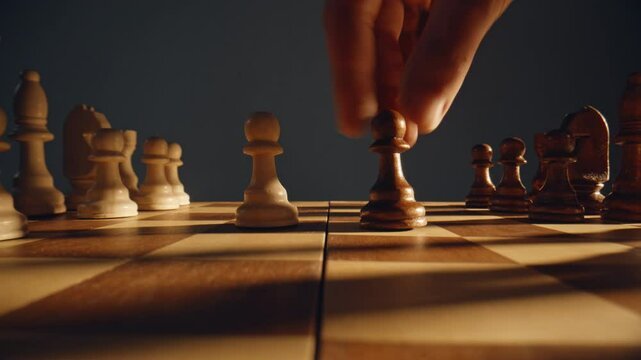 Hand first chess move at chessboard indoor closeup. Unknown player moving pawn