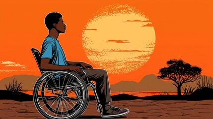 Man in Wheelchair at Sunset, African Savanna Pixel Art