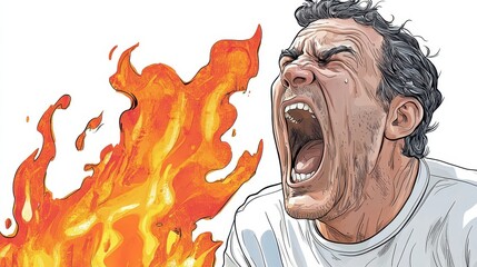 Man Screaming Fire Intense Expression Detailed Illustration