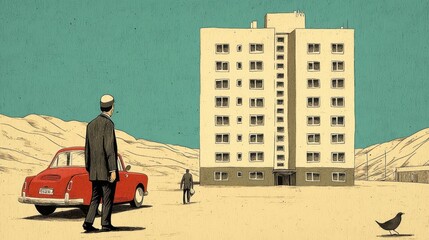 Man Walking Toward Apartment Building in Desert Landscape