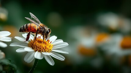 Honeybee collecting nectar from a daisy flower.