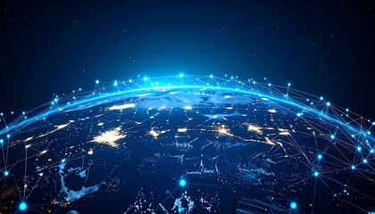 A digital representation of Earth, networked and interconnected.  A global network of glowing lines and points surrounds a detailed, illuminated Earth.  Nighttime view of continents