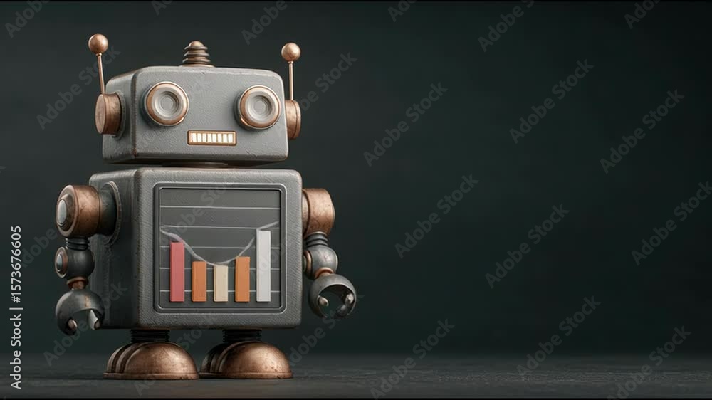 Poster insightful robot with a bar graph chart illustrating ai's role in business forecasting and data anal