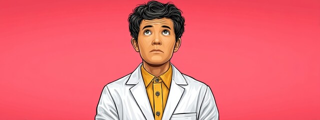 Pensieve Young Man in Pixel Art Lab Coat, Pink Background