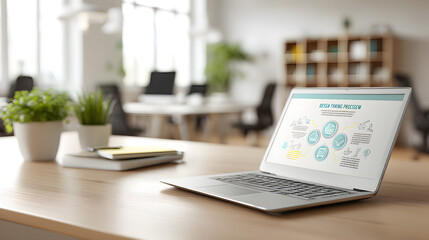 Fototapeta premium a modern office interior featuring a laptop displaying data analytics on a wooden desk. The scene is bright and airy, with a sense of innovation and productivity.