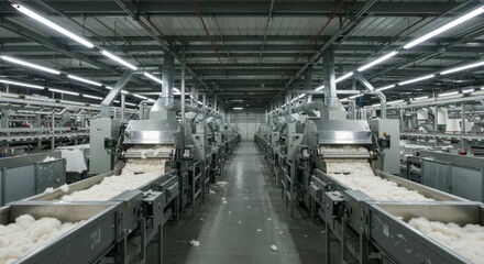 Industrial textile manufacturing facility showcasing automated cotton processing, production lines, machinery, and efficiency in modern manufacturing environment