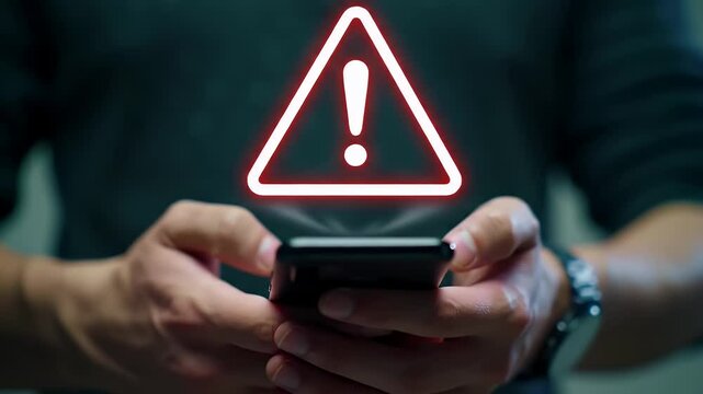 Man Holding Smartphone with Glowing Red Warning Triangle Alert Overlay Error Message System Security Cyber Attack Notification App with Blue Tint