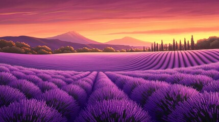Serene illustration of lavender fields bathed in morning light.